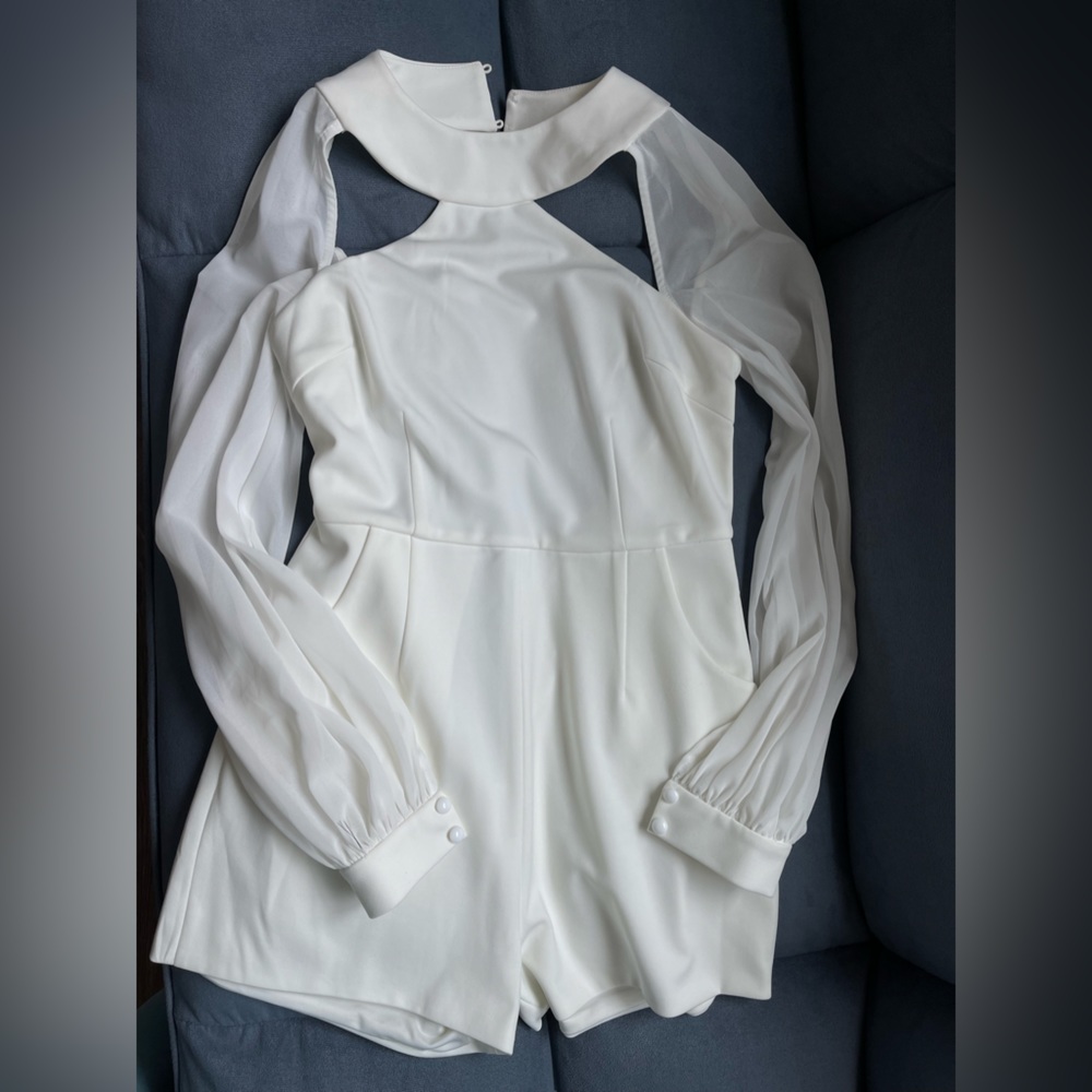Formal romper with sheer sleeves and faux Pearl buttons
